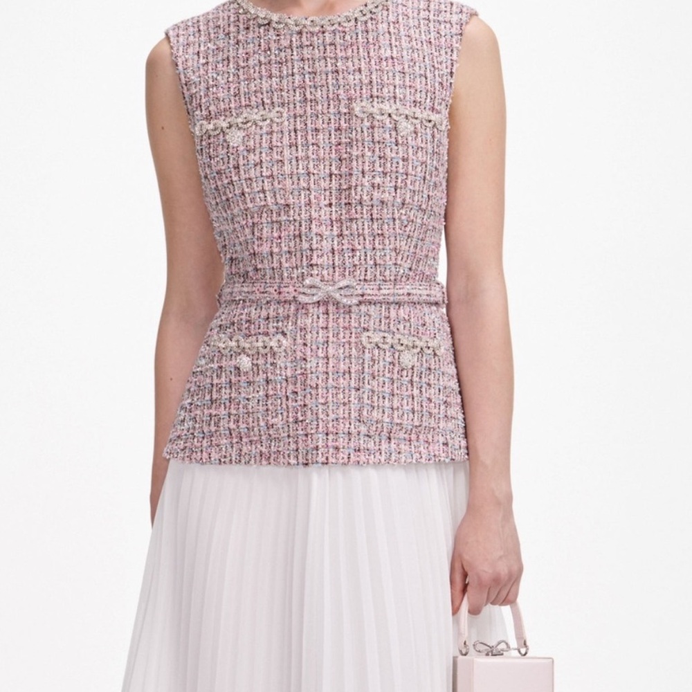 Self-Portrait Pink Tweed Sleeveless Top with White Pleated Skirt - Picture 3 of 4